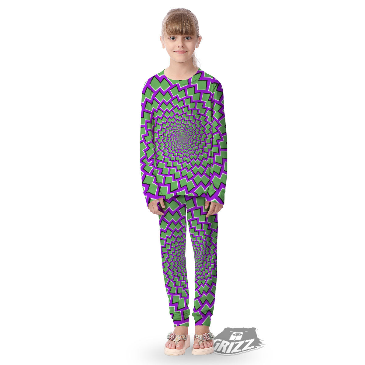 Moving Optical Illusion Green Shapes Kid's Pajamas-grizzshop