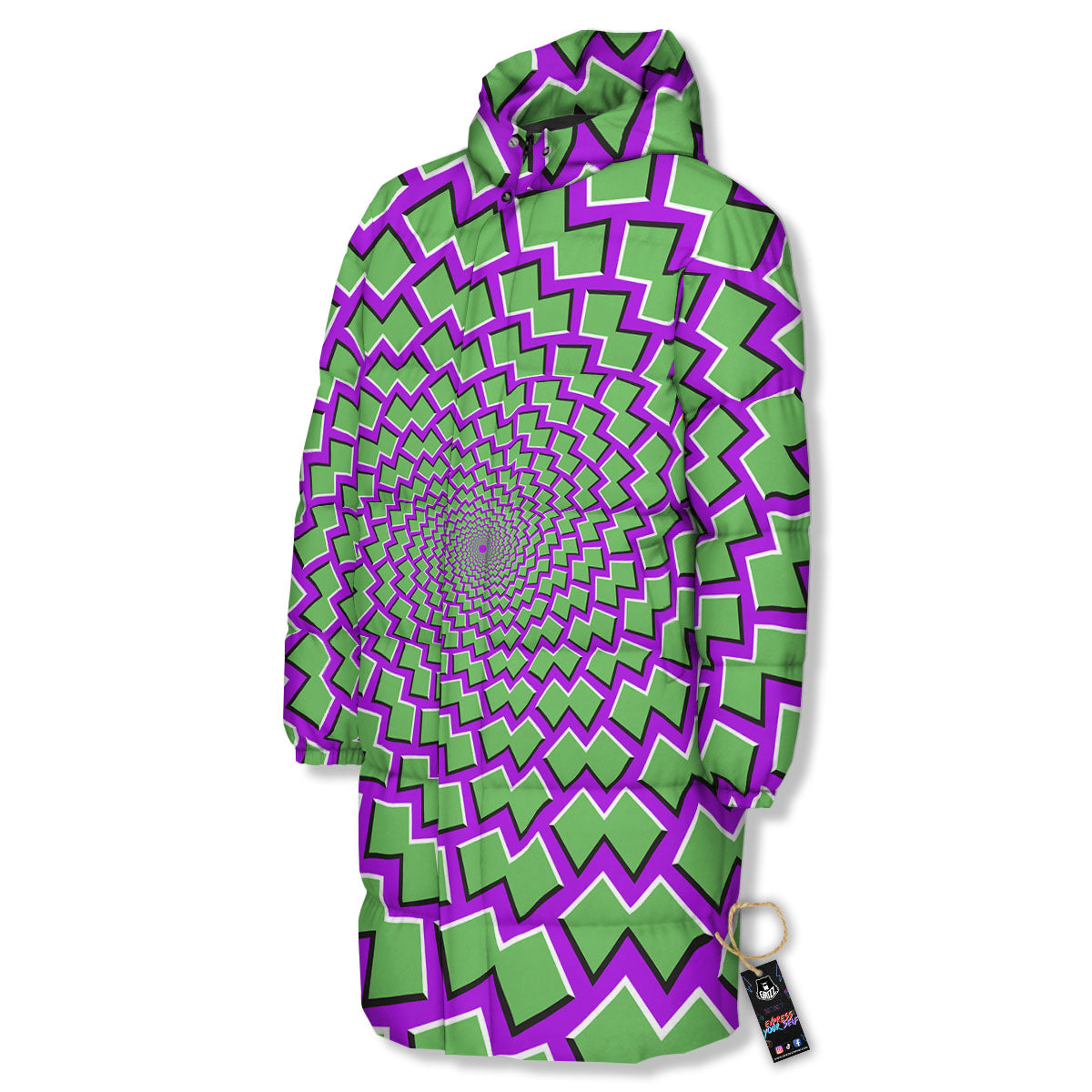 Moving Optical Illusion Green Shapes Long Down Jacket-grizzshop