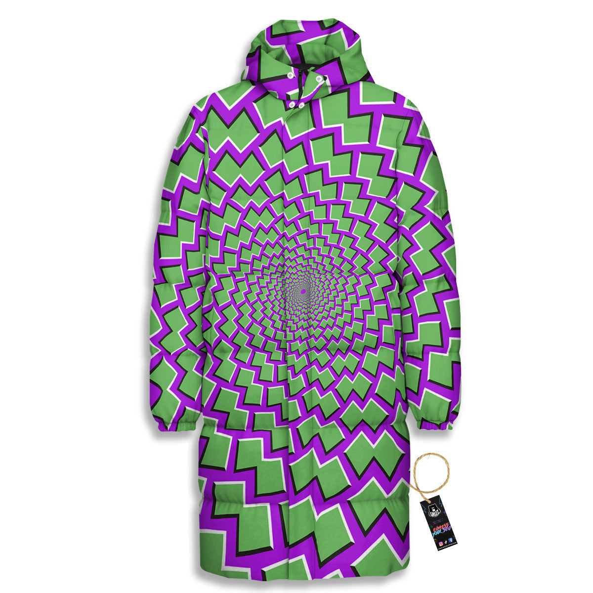 Moving Optical Illusion Green Shapes Long Down Jacket-grizzshop