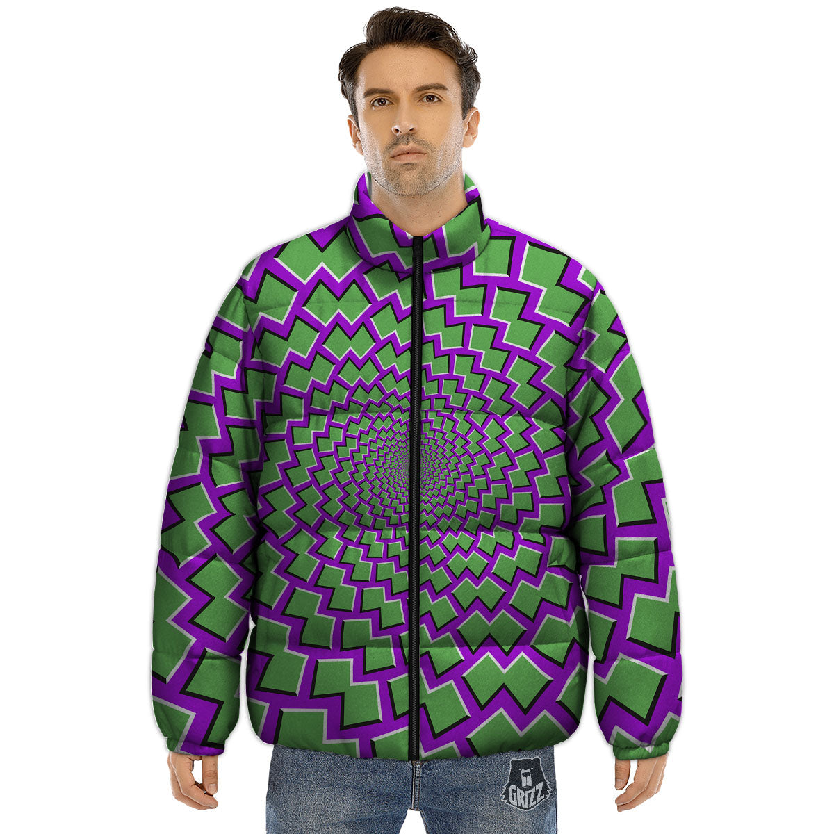 Moving Optical Illusion Green Shapes Puffer Jacket-grizzshop