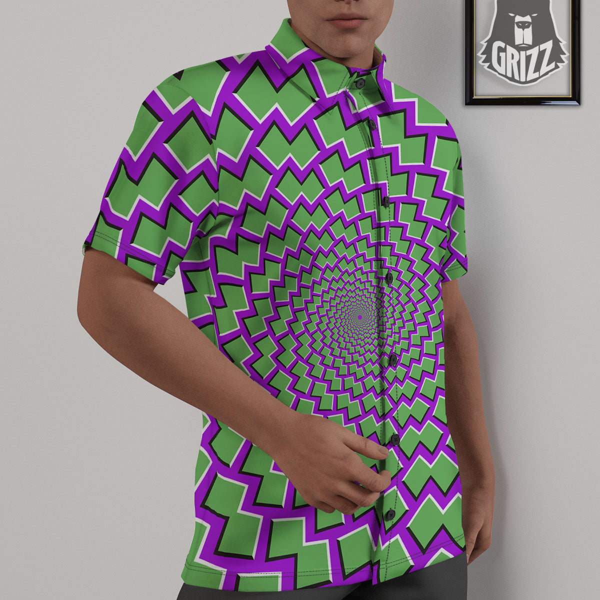 Moving Optical Illusion Green Shapes Untucked Shirts-grizzshop