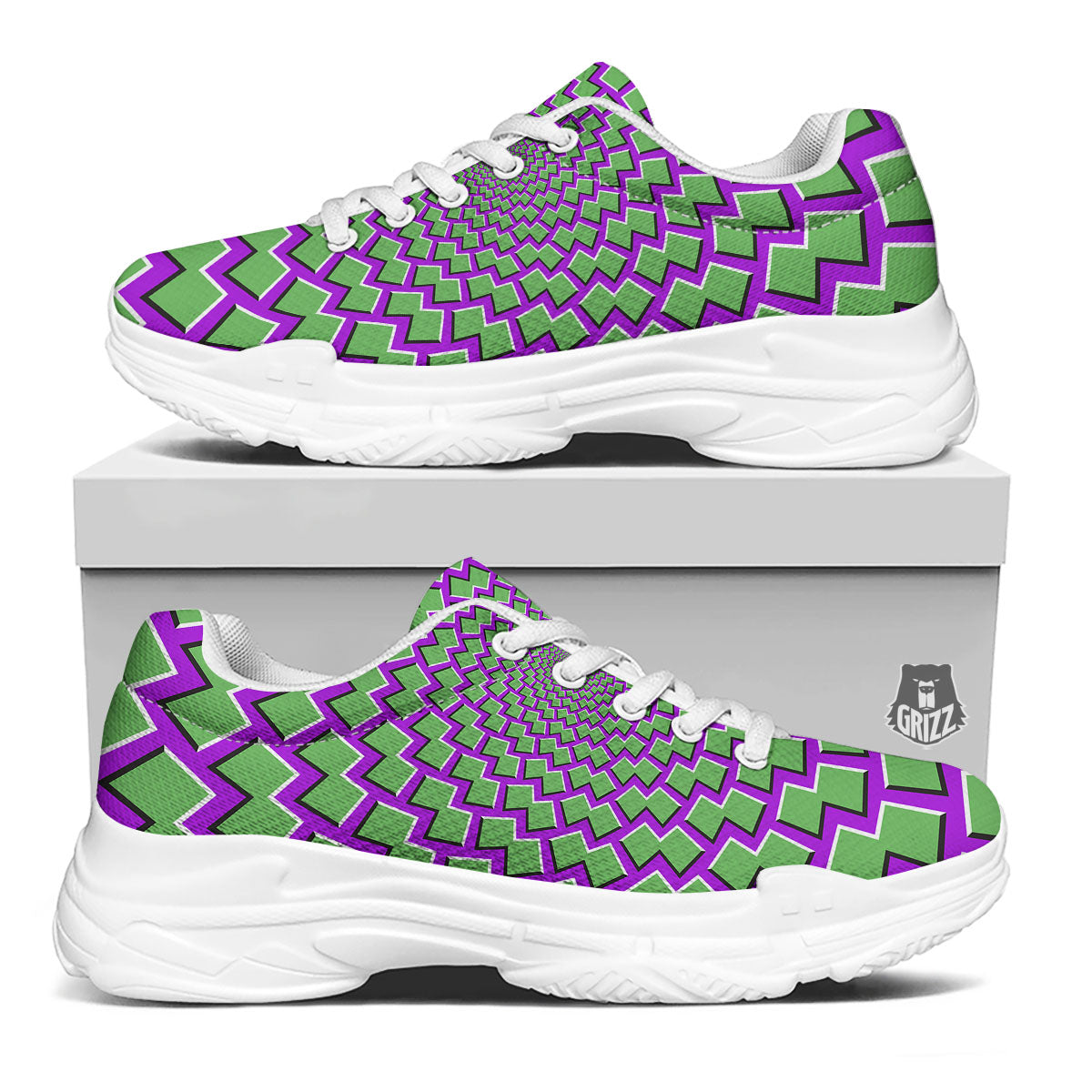 Moving Optical Illusion Green Shapes White Chunky Shoes-grizzshop