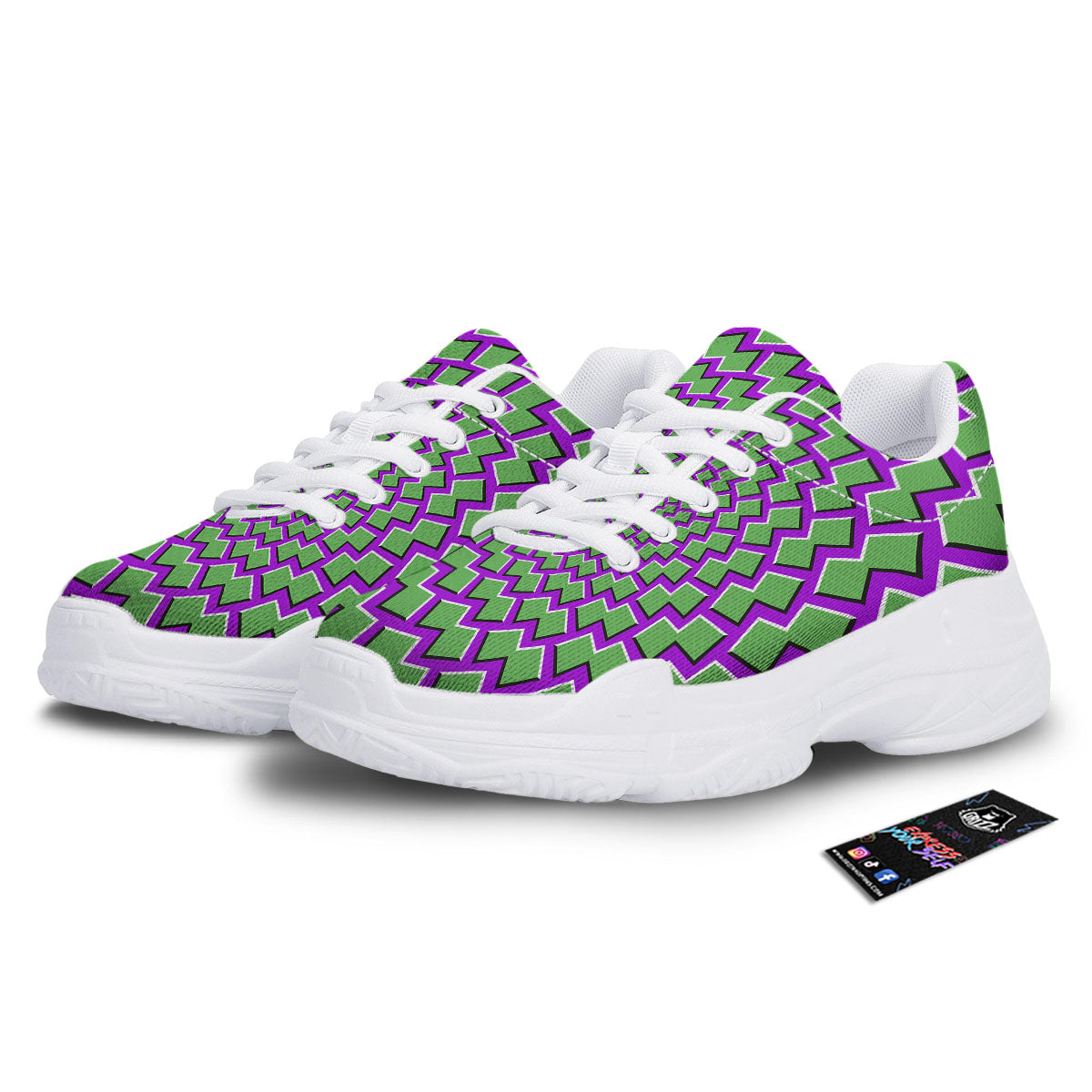 Moving Optical Illusion Green Shapes White Chunky Shoes-grizzshop