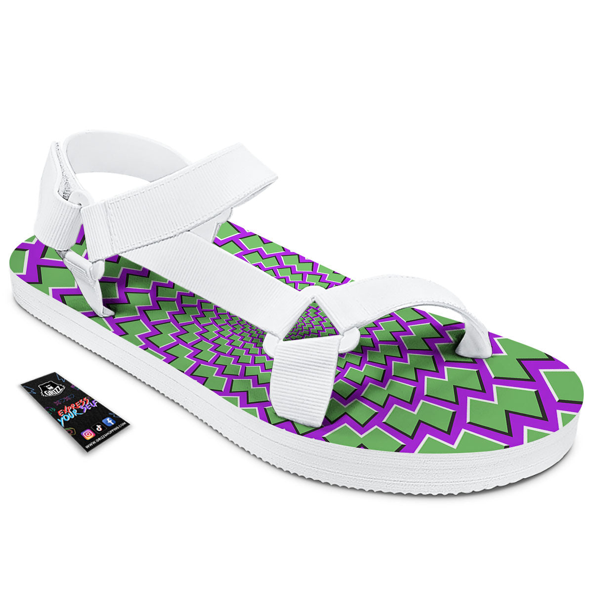 Moving Optical Illusion Green Shapes White Open Toe Sandals-grizzshop
