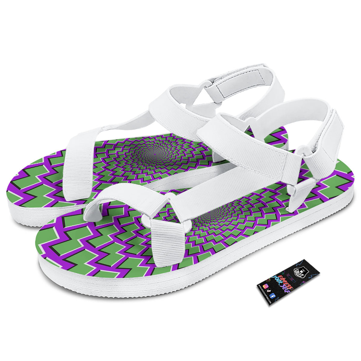 Moving Optical Illusion Green Shapes White Open Toe Sandals-grizzshop