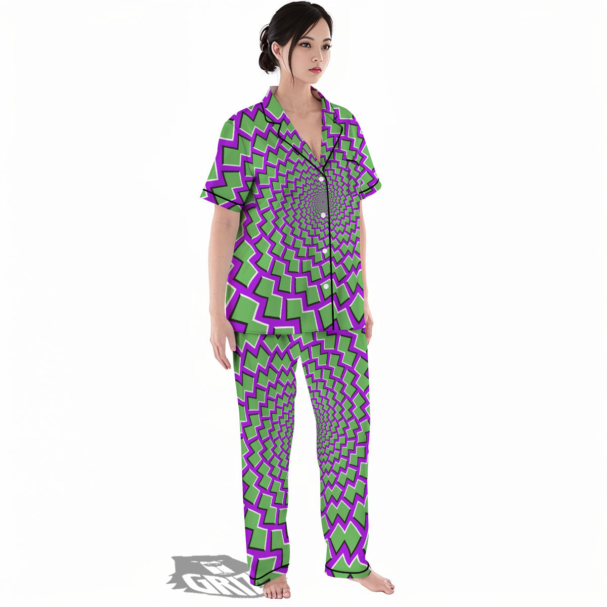 Moving Optical Illusion Green Shapes Women's Pajamas Set-grizzshop