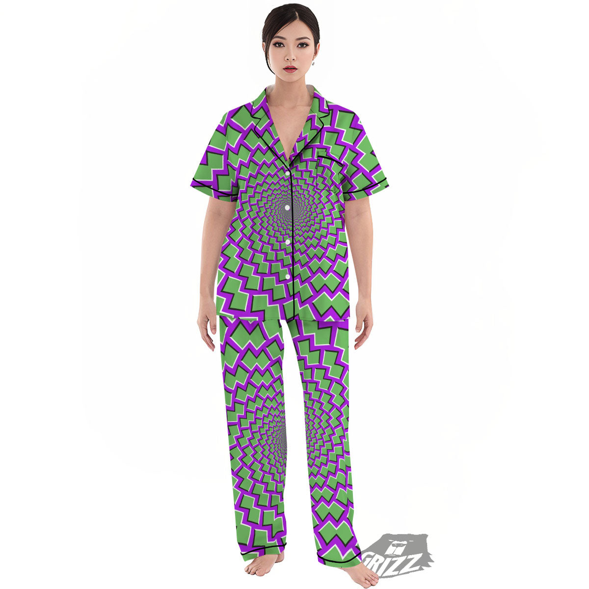 Moving Optical Illusion Green Shapes Women's Pajamas Set-grizzshop