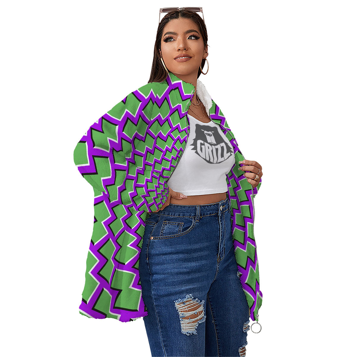 Moving Optical Illusion Green Shapes Women's Sherpa Jacket-grizzshop
