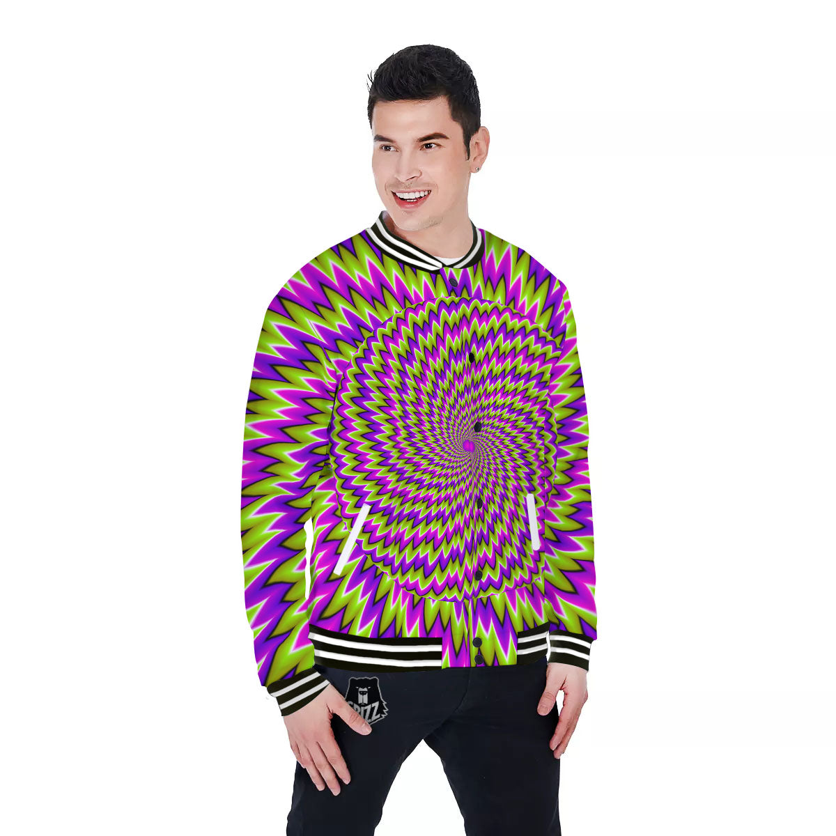 Moving Optical Illusion Green Spiral Baseball Jacket-grizzshop