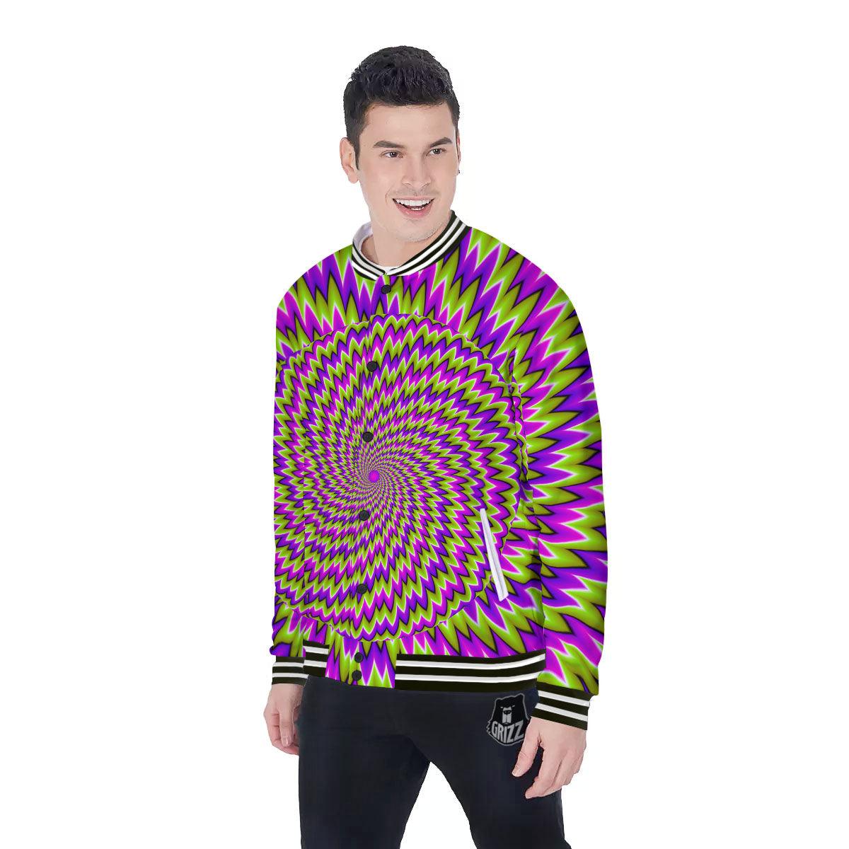 Moving Optical Illusion Green Spiral Baseball Jacket-grizzshop