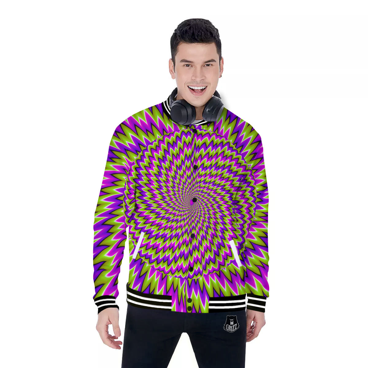 Moving Optical Illusion Green Spiral Baseball Jacket-grizzshop