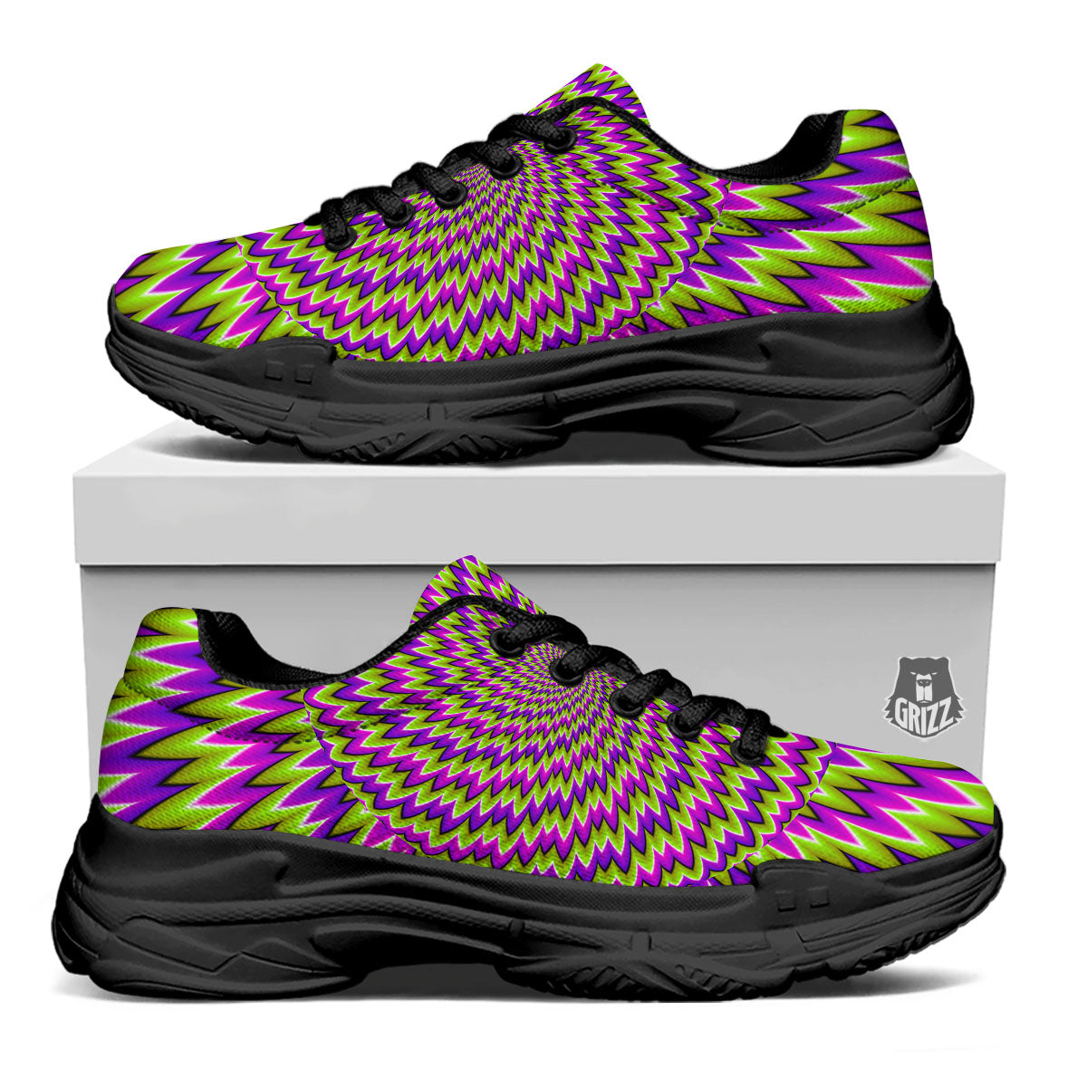 Moving Optical Illusion Green Spiral Black Chunky Shoes-grizzshop