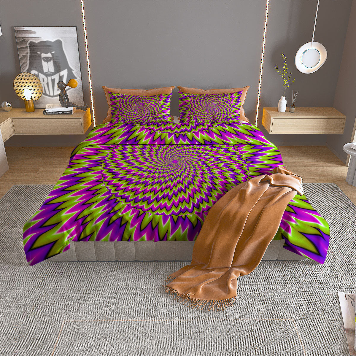Moving Optical Illusion Green Spiral Duvet Cover Bedding Set