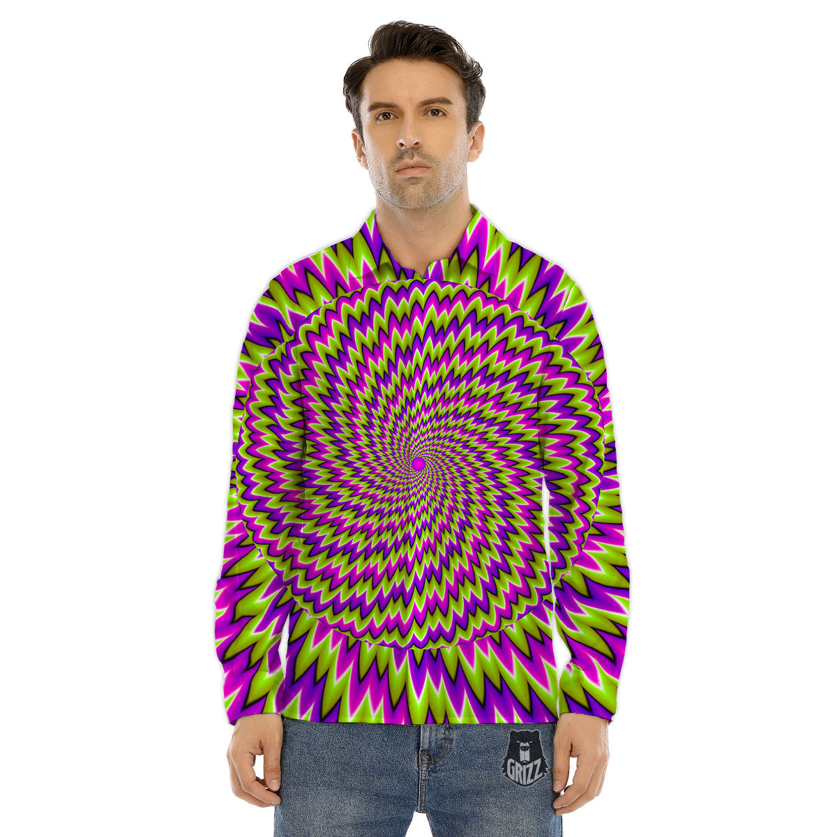 Moving Optical Illusion Green Spiral Men's Dress Shirts-grizzshop