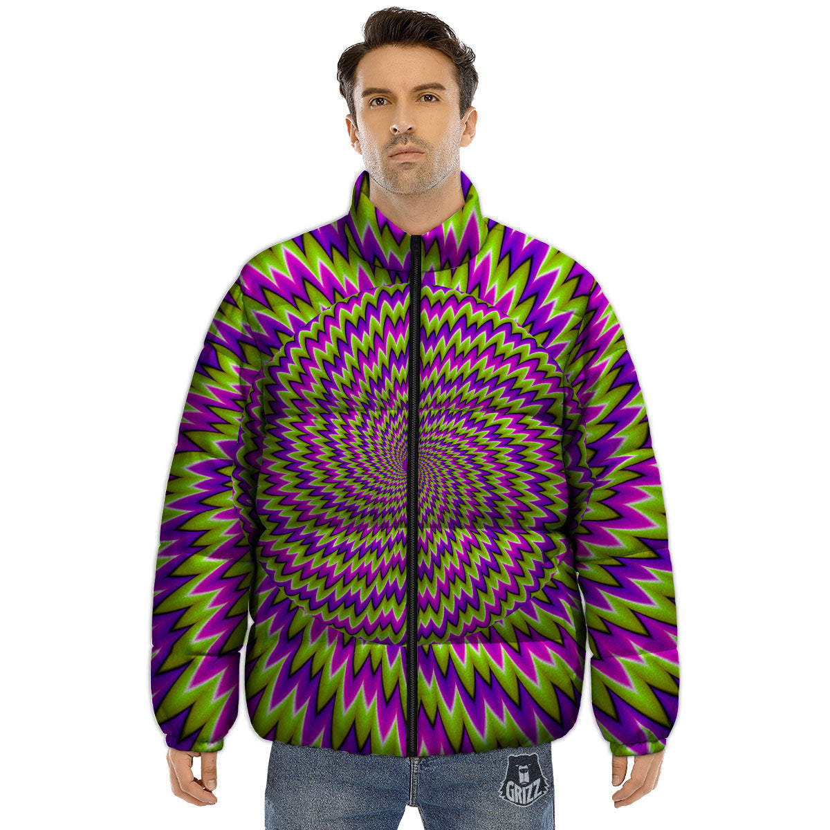 Moving Optical Illusion Green Spiral Puffer Jacket-grizzshop