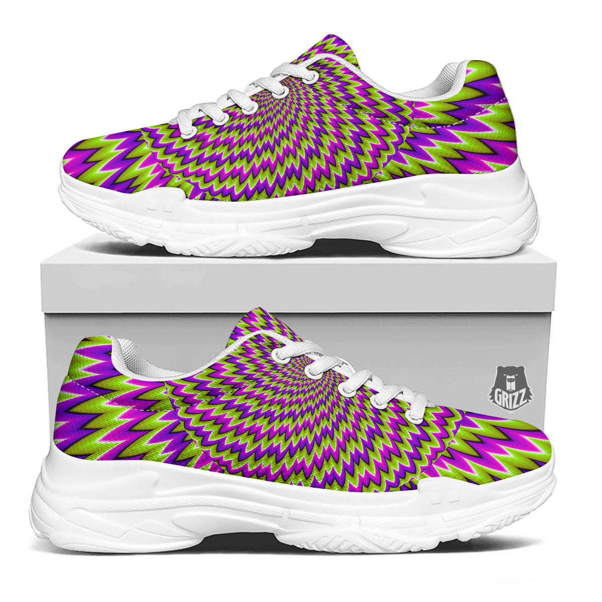 Moving Optical Illusion Green Spiral White Chunky Shoes-grizzshop