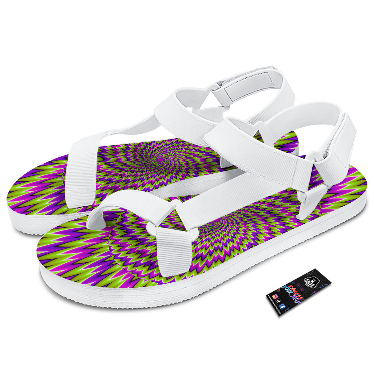 Moving Optical Illusion Green Spiral White Open Toe Sandals-grizzshop