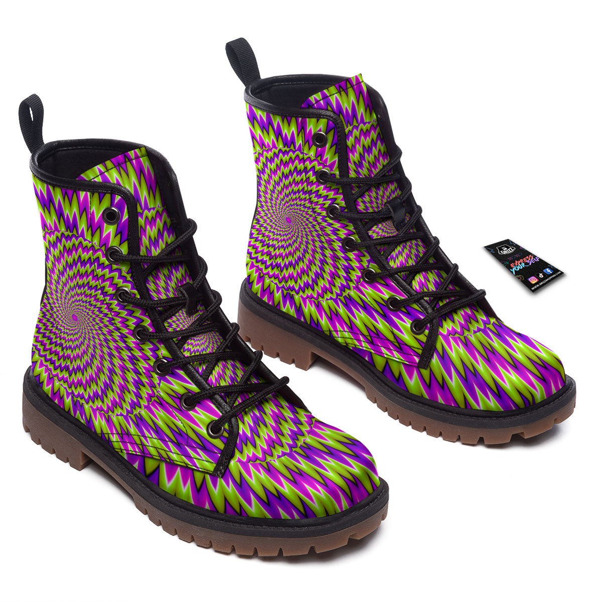 Moving Optical Illusion Green Spiral Work Boots-grizzshop