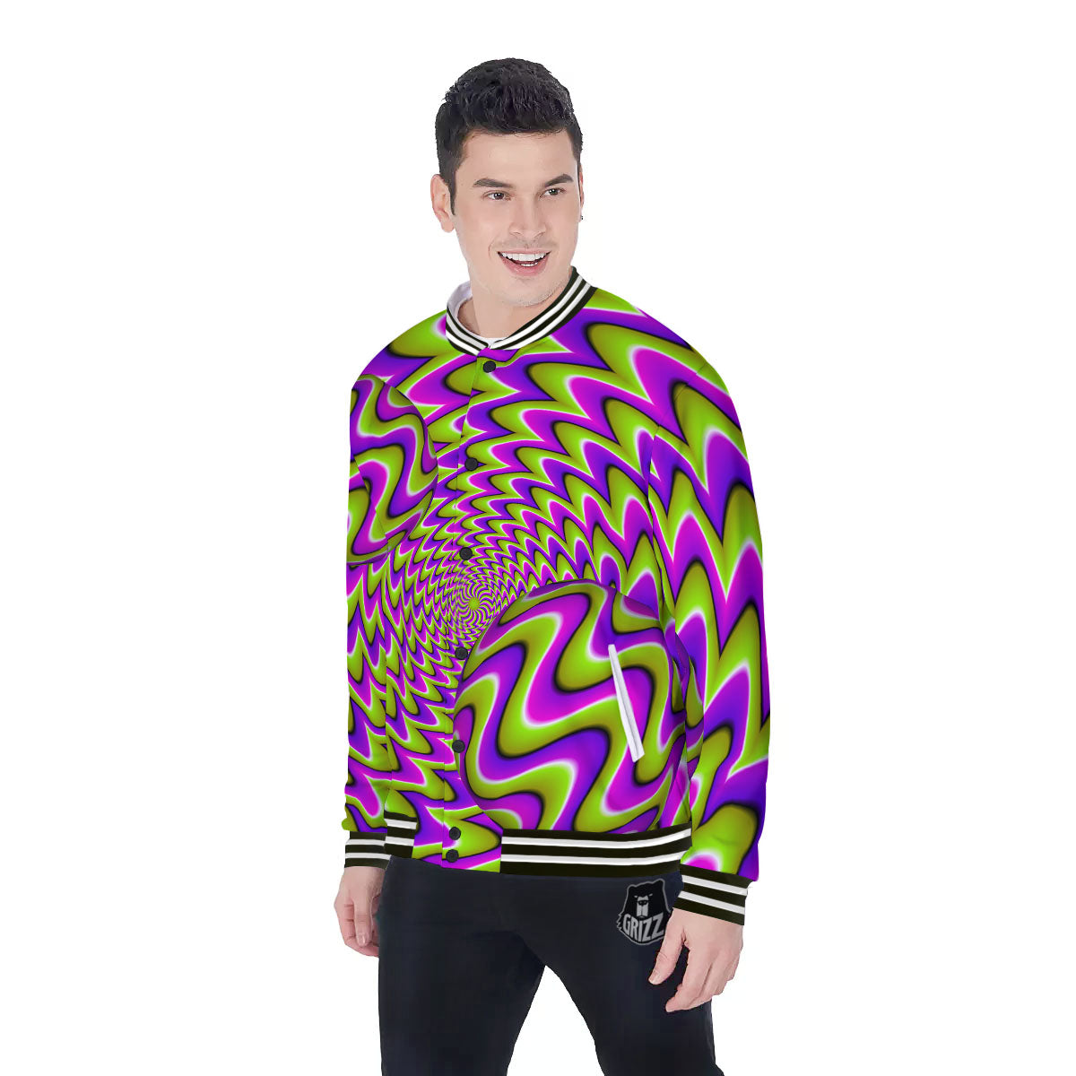 Moving Optical Illusion Green Twisted Baseball Jacket-grizzshop