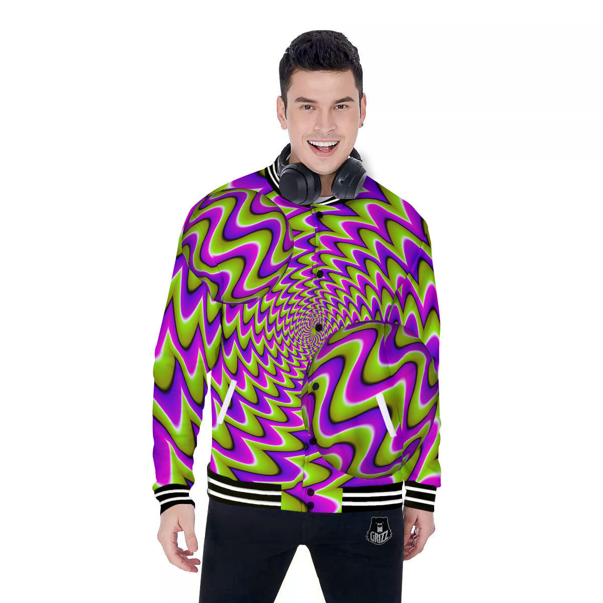 Moving Optical Illusion Green Twisted Baseball Jacket-grizzshop