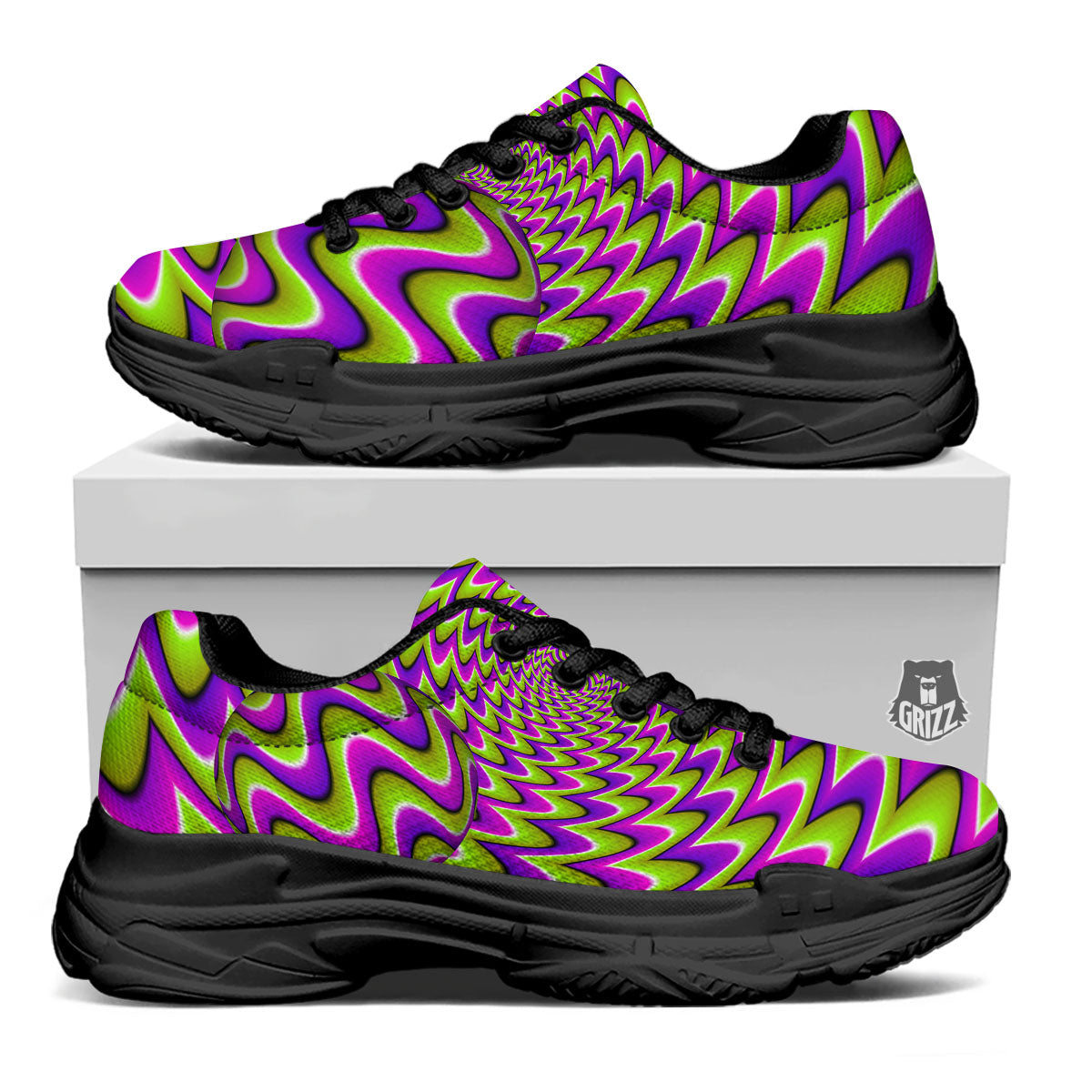 Moving Optical Illusion Green Twisted Black Chunky Shoes-grizzshop