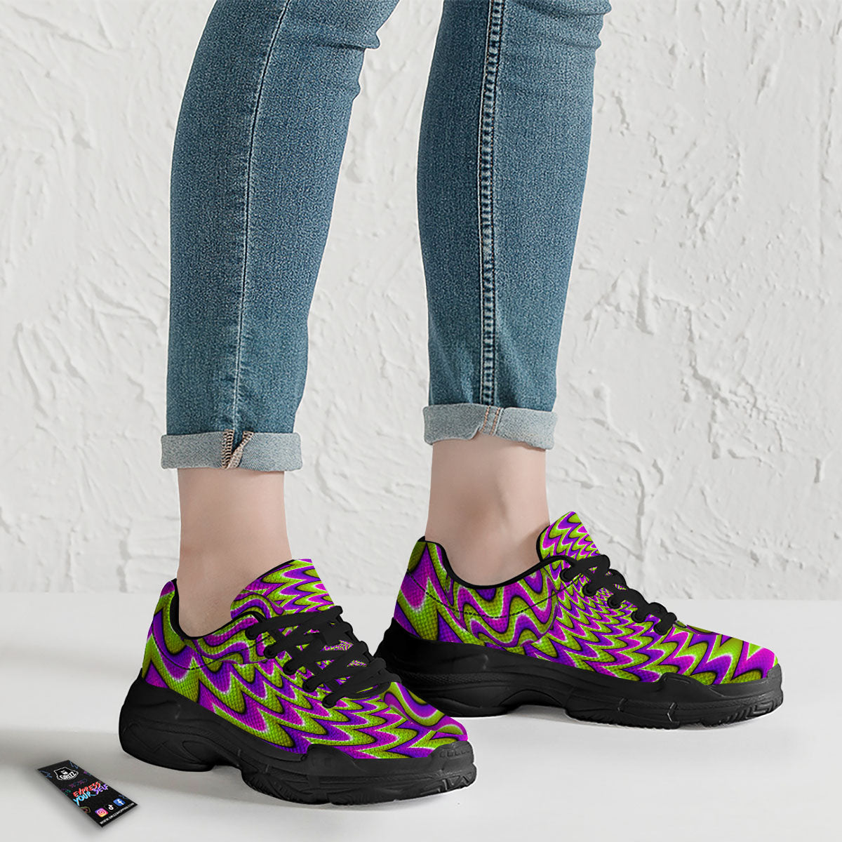 Moving Optical Illusion Green Twisted Black Chunky Shoes-grizzshop
