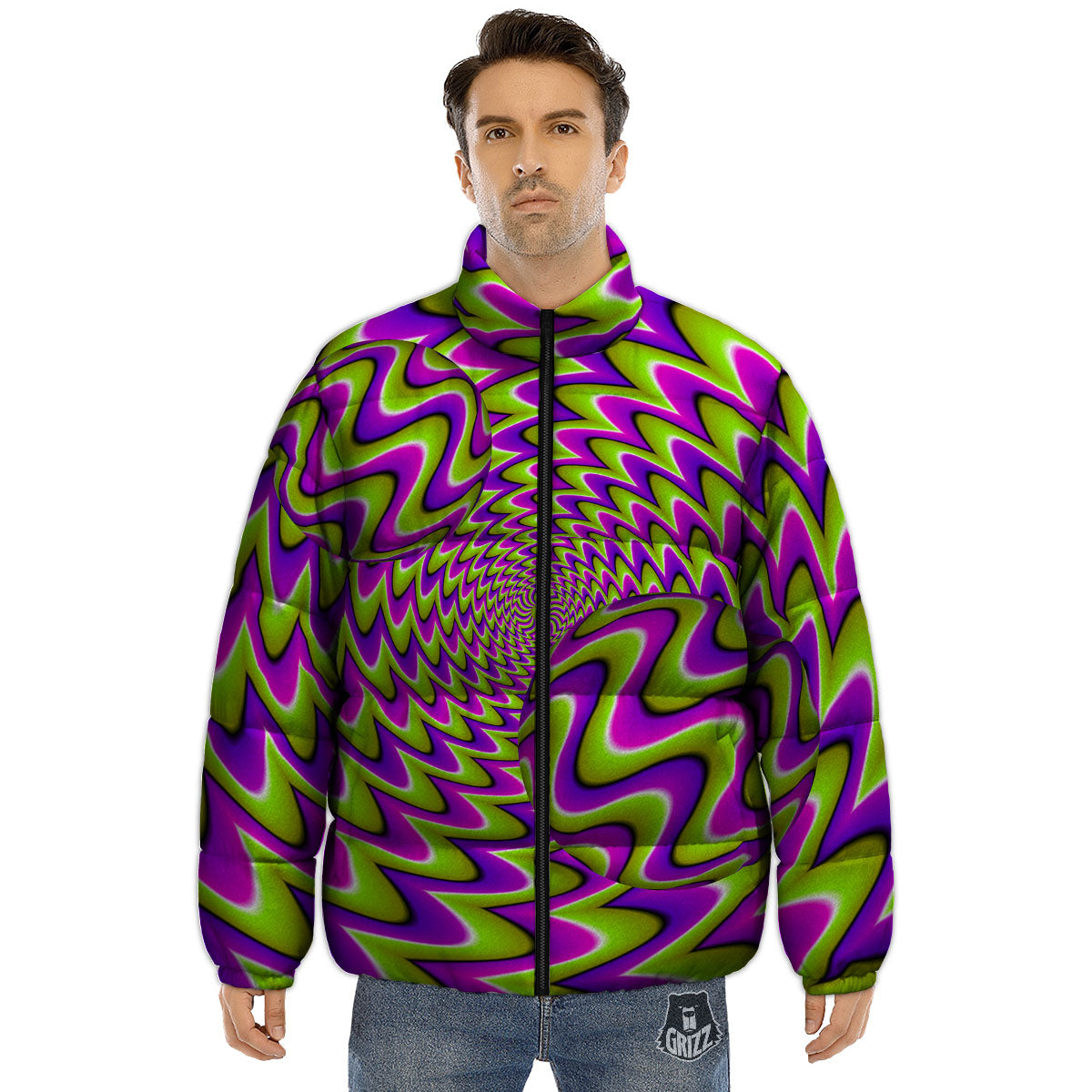 Moving Optical Illusion Green Twisted Puffer Jacket-grizzshop