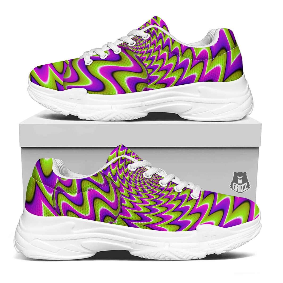 Moving Optical Illusion Green Twisted White Chunky Shoes-grizzshop