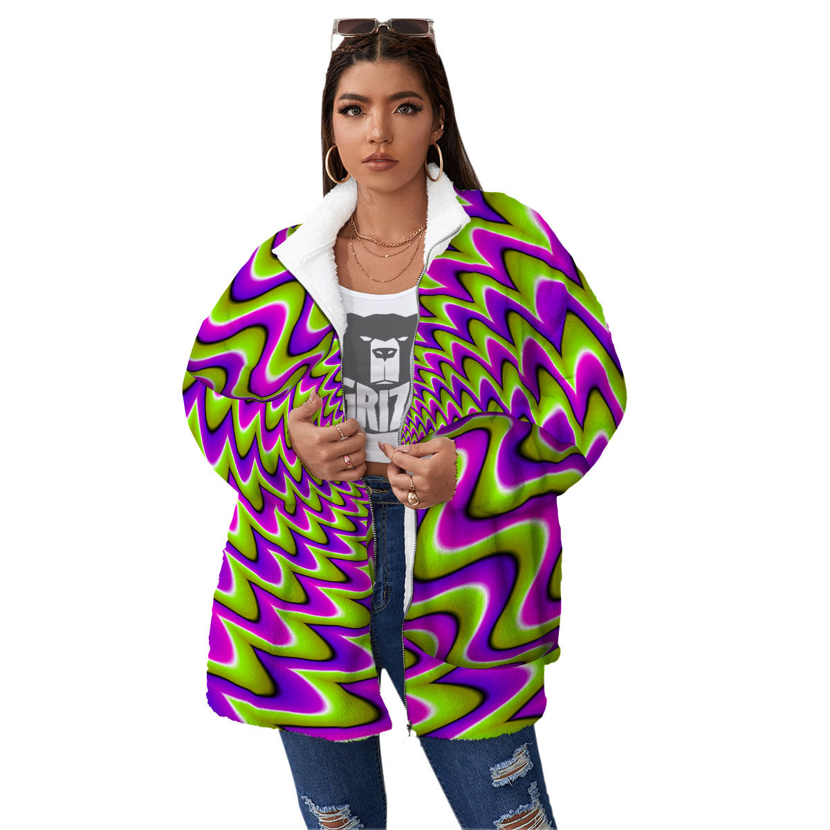 Moving Optical Illusion Green Twisted Women's Sherpa Jacket-grizzshop