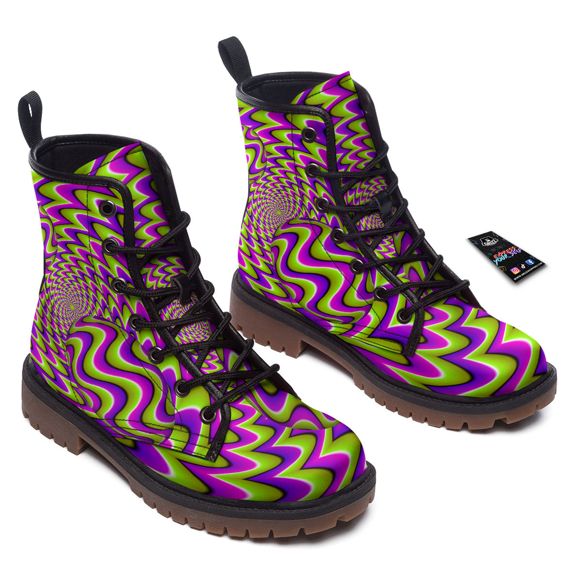 Moving Optical Illusion Green Twisted Work Boots-grizzshop