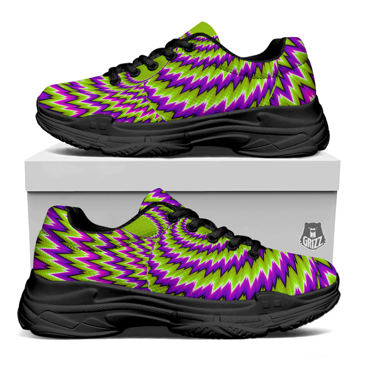 Moving Optical Illusion Green Vortex Black Chunky Shoes-grizzshop