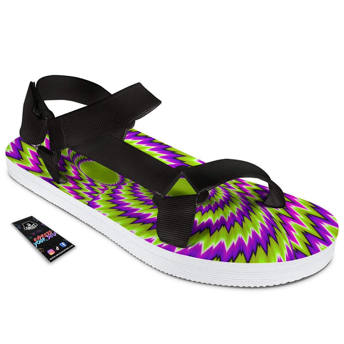 Moving Optical Illusion Green Vortex Black Open Toe Sandals-grizzshop