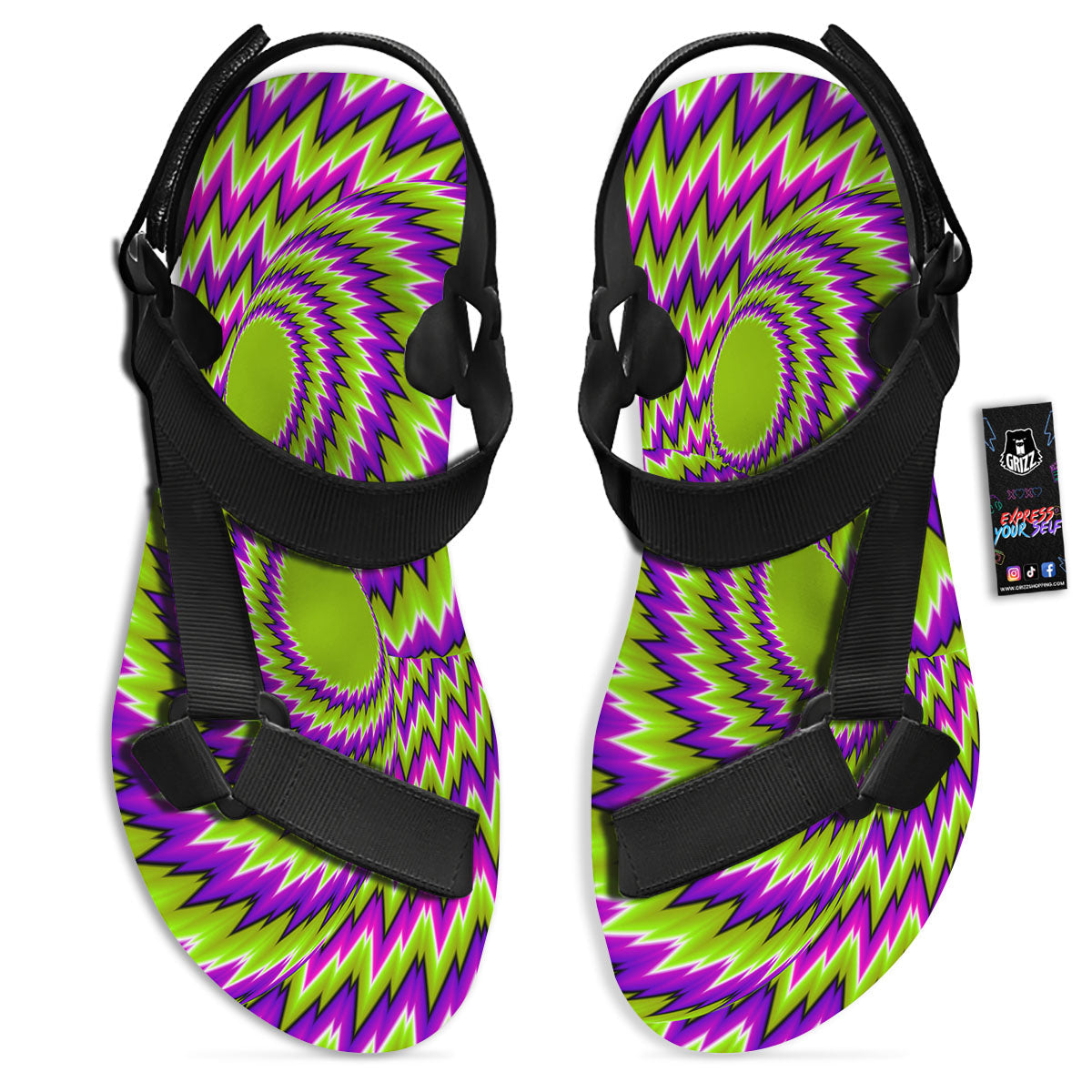 Moving Optical Illusion Green Vortex Black Open Toe Sandals-grizzshop