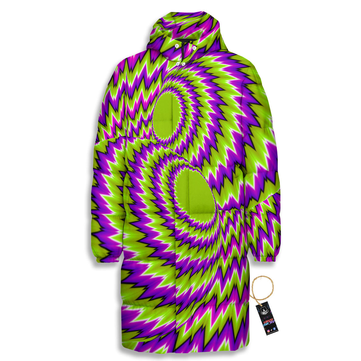 Moving Optical Illusion Green Vortex Long Down Jacket-grizzshop