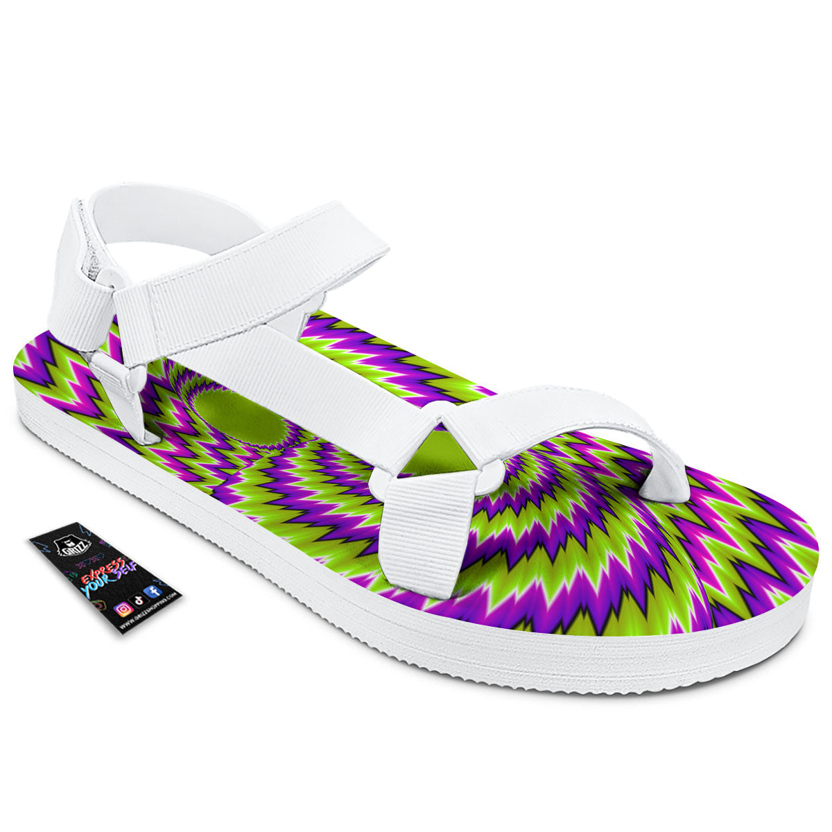 Moving Optical Illusion Green Vortex White Open Toe Sandals-grizzshop