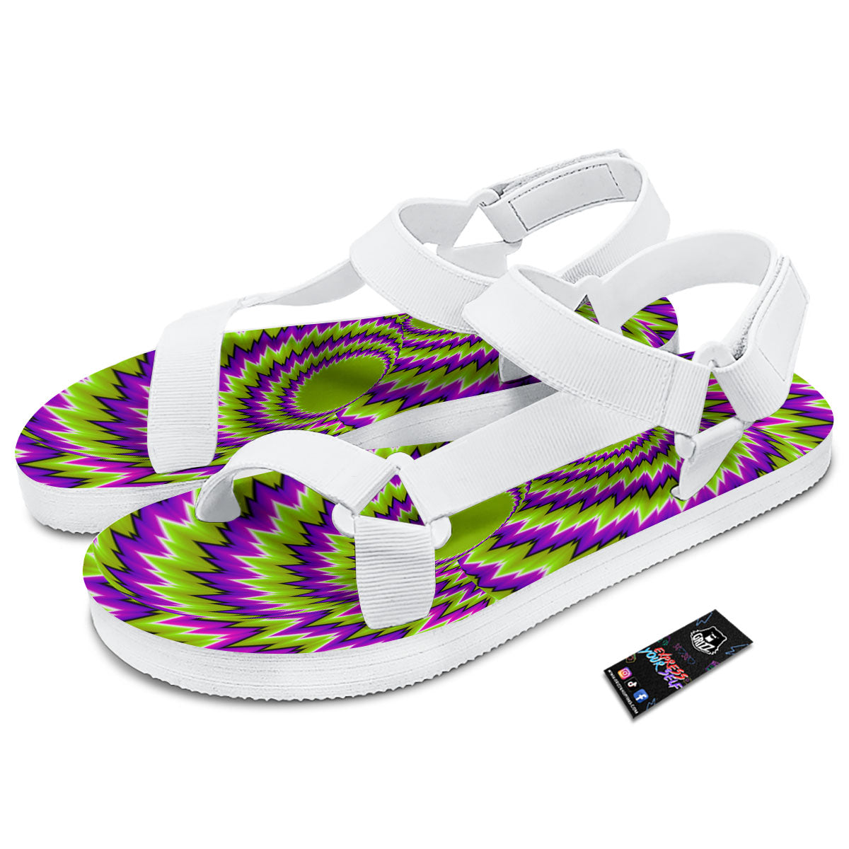 Moving Optical Illusion Green Vortex White Open Toe Sandals-grizzshop