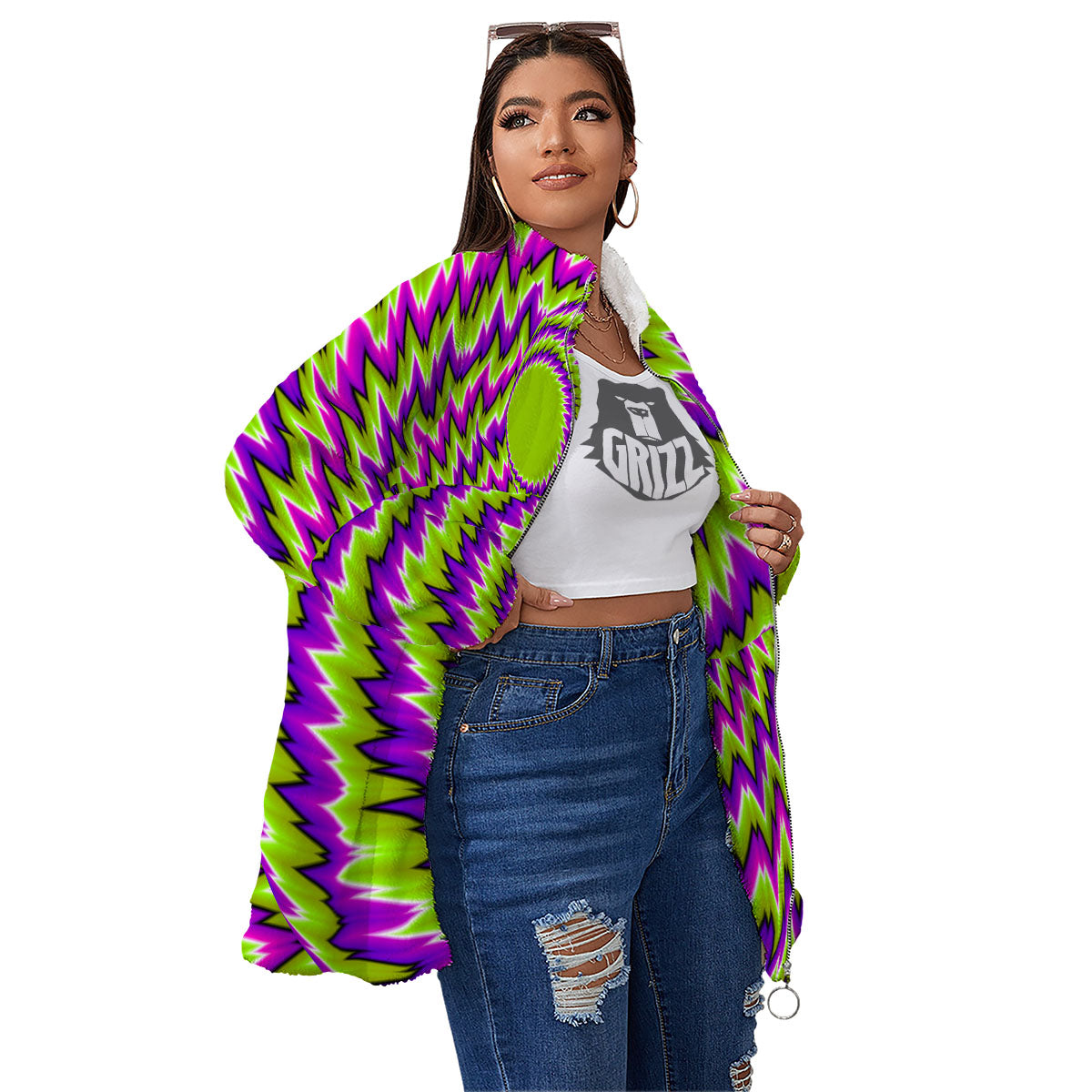 Moving Optical Illusion Green Vortex Women's Sherpa Jacket-grizzshop