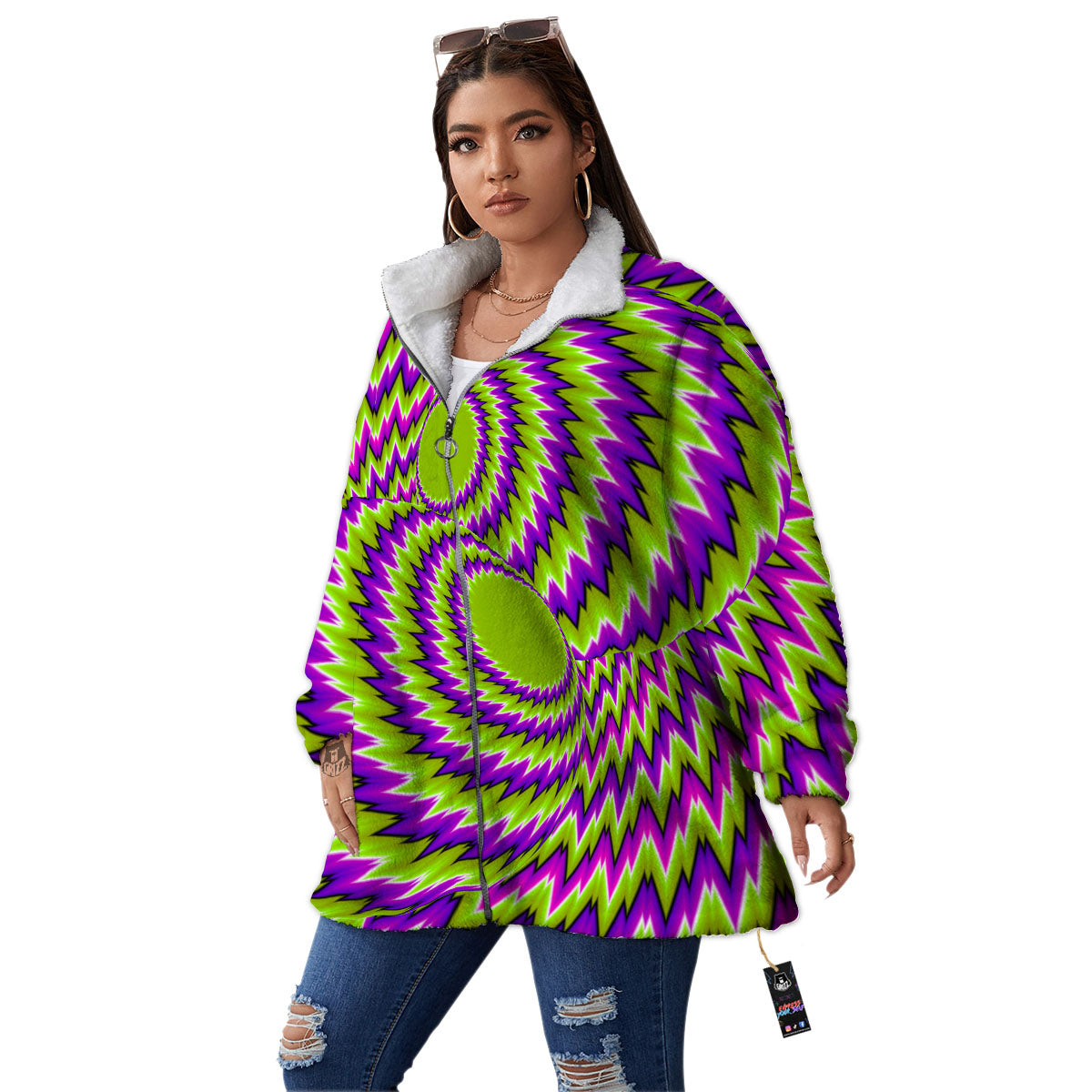Moving Optical Illusion Green Vortex Women's Sherpa Jacket-grizzshop