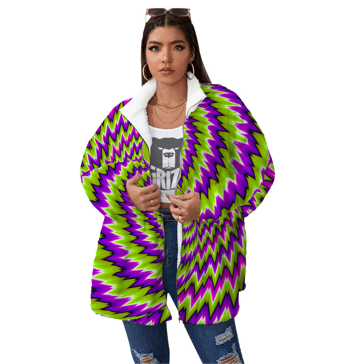 Moving Optical Illusion Green Vortex Women's Sherpa Jacket-grizzshop