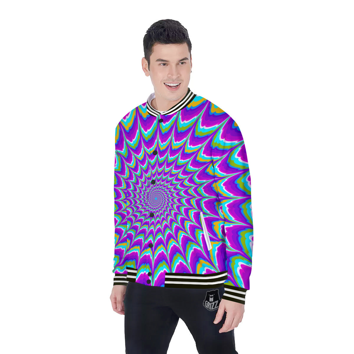Moving Optical Illusion Purple Dizzy Baseball Jacket-grizzshop