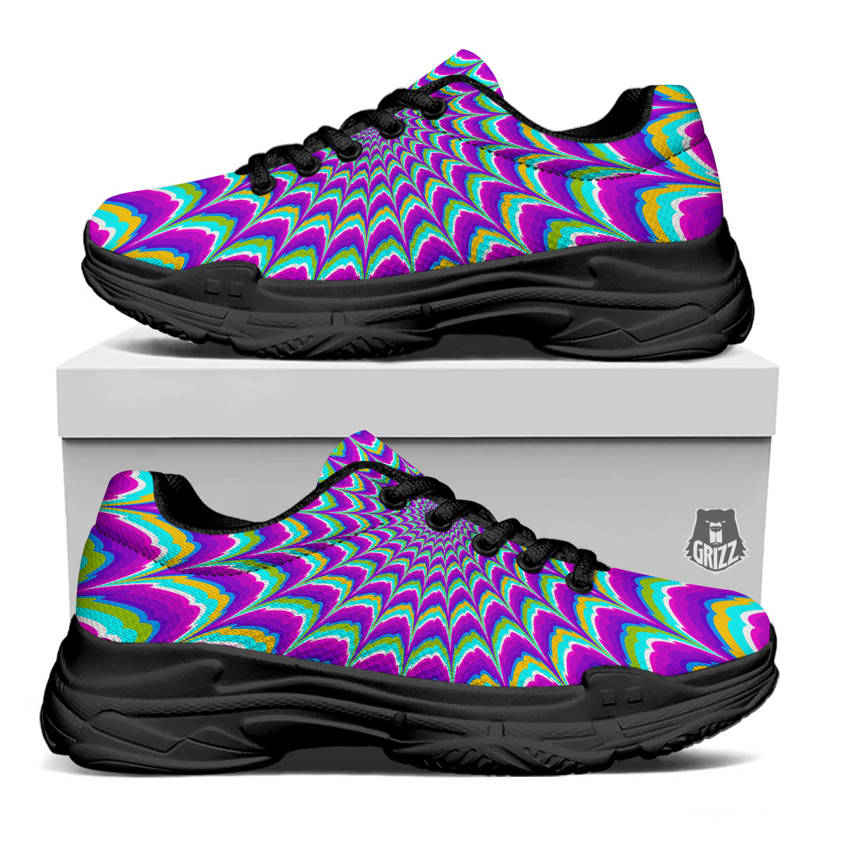 Moving Optical Illusion Purple Dizzy Black Chunky Shoes-grizzshop