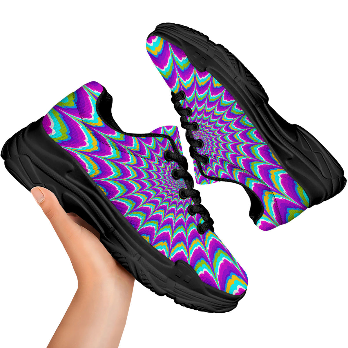 Moving Optical Illusion Purple Dizzy Black Chunky Shoes-grizzshop