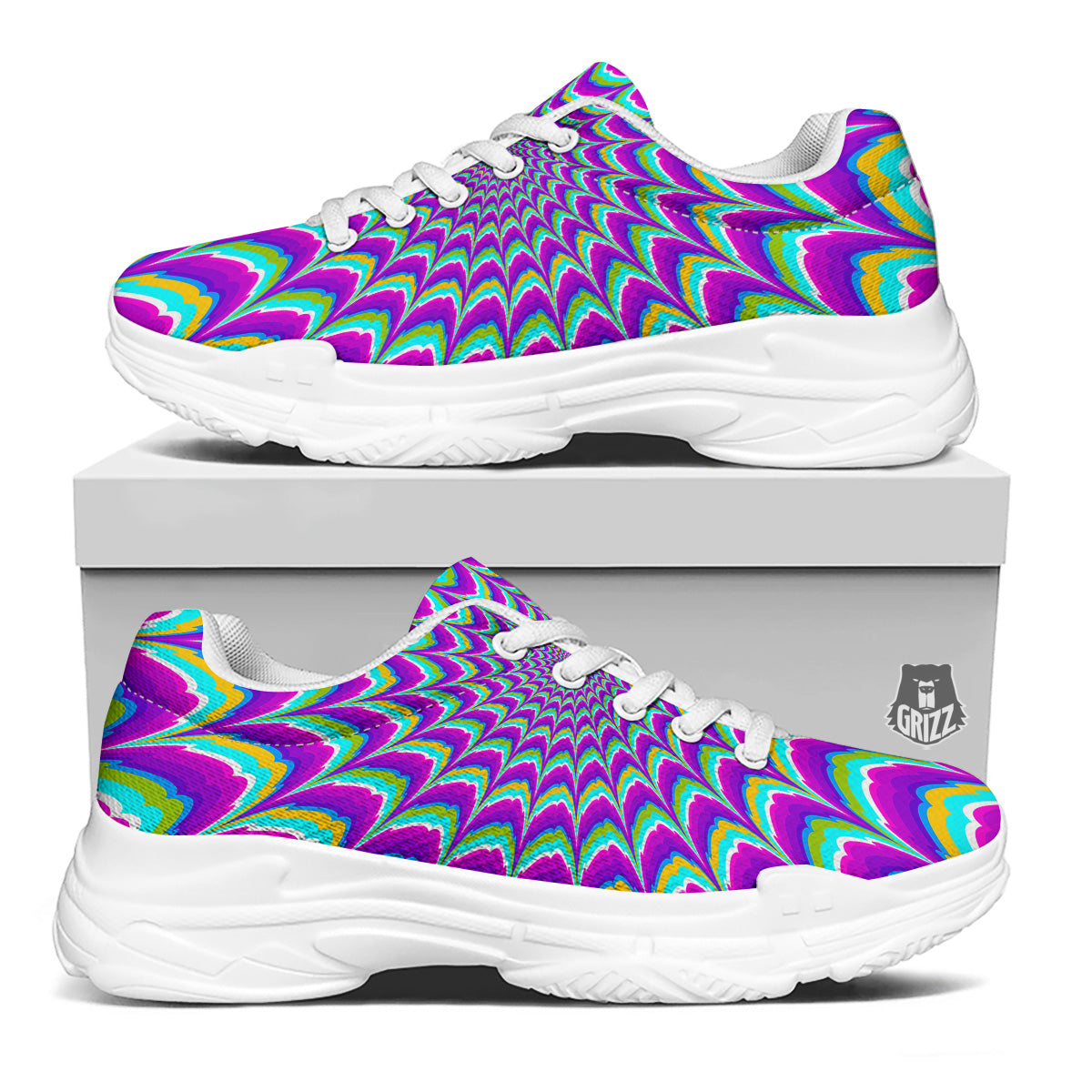 Moving Optical Illusion Purple Dizzy White Chunky Shoes-grizzshop