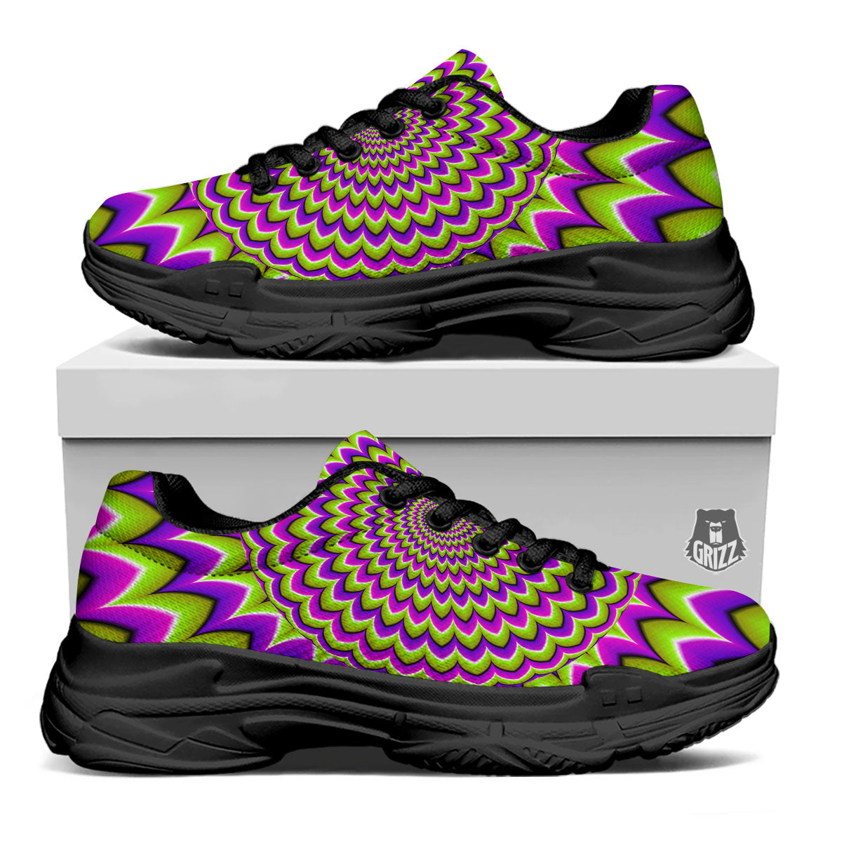Moving Optical Illusion Spiky Spiral Black Chunky Shoes-grizzshop