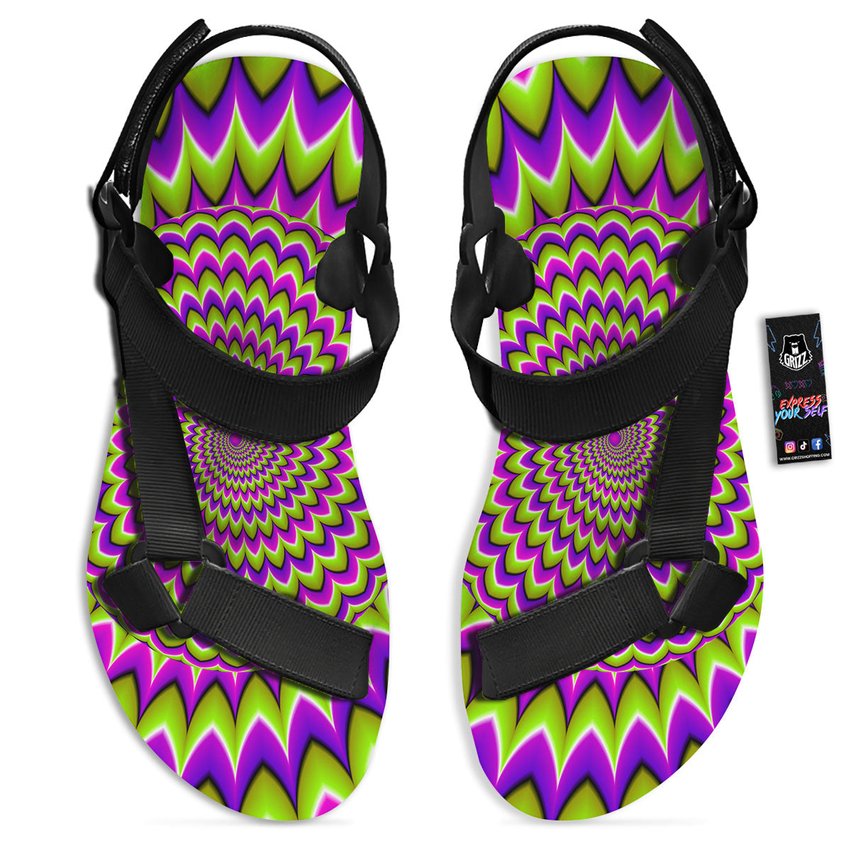 Moving Optical Illusion Spiky Spiral Black Open Toe Sandals-grizzshop