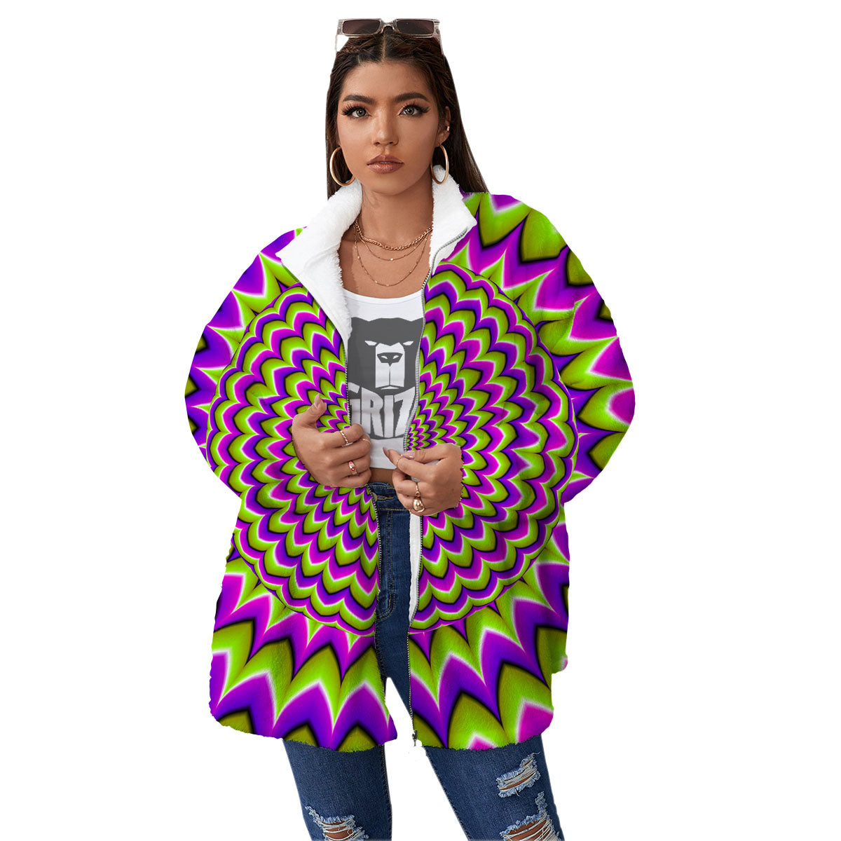 Moving Optical Illusion Spiky Spiral Women's Sherpa Jacket-grizzshop