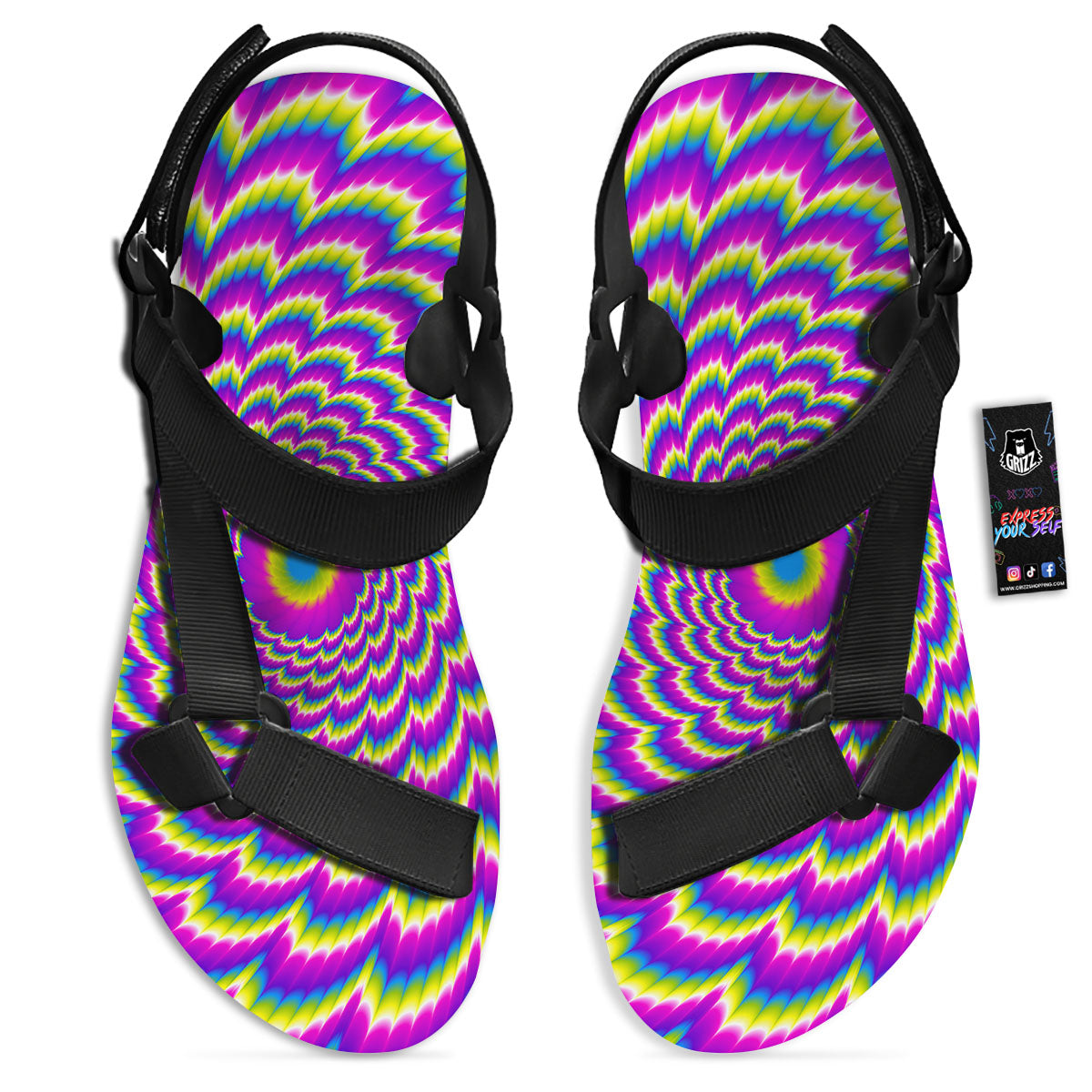 Moving Optical Illusion Spiral Colors Black Open Toe Sandals-grizzshop