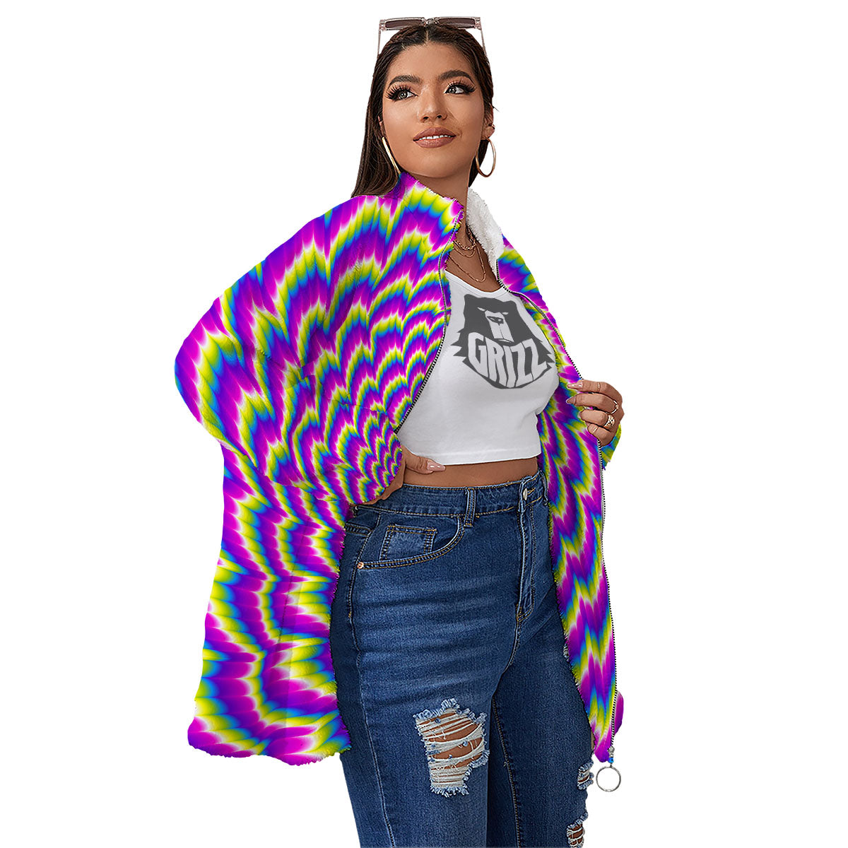 Moving Optical Illusion Spiral Colors Women's Sherpa Jacket-grizzshop
