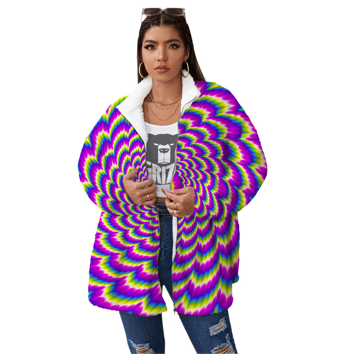 Moving Optical Illusion Spiral Colors Women's Sherpa Jacket-grizzshop