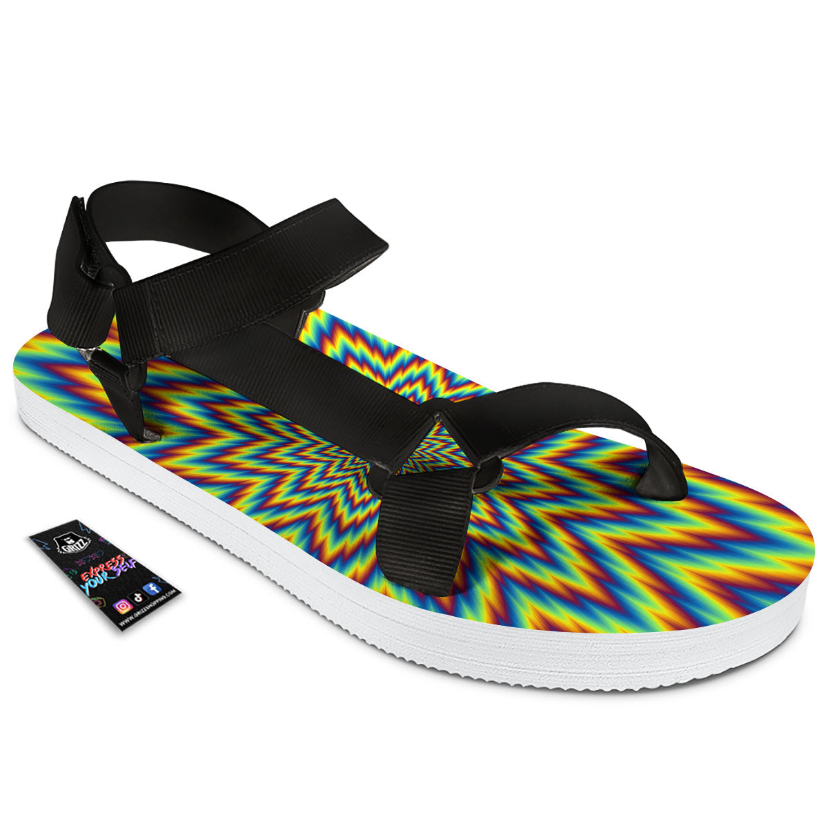 Moving Optical Illusion Spiral Expansion Black Open Toe Sandals-grizzshop